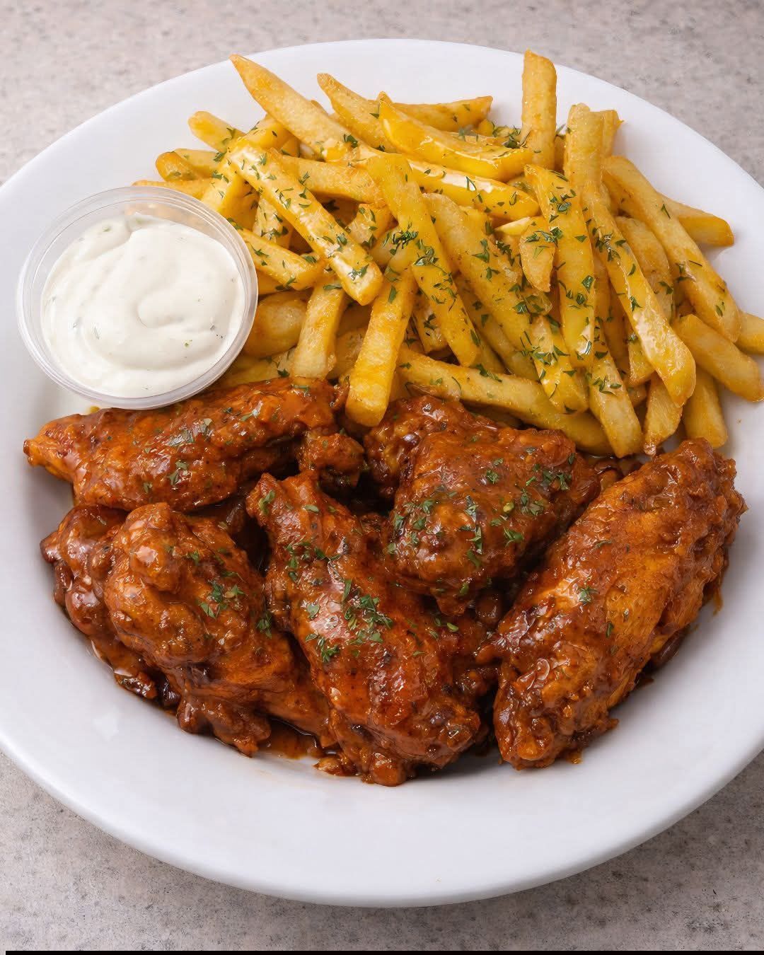 Crispy chicken wings and golden-brown fries . A perfect dinner to comfort yourself tonight. See the perfect recipe in the comments below.