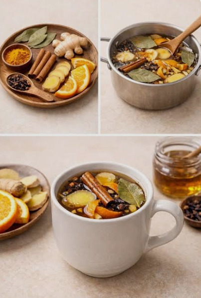 Bay leaf Turmeric Cloves Cinnamon Ginger Orange peel Boil for 15 minutes